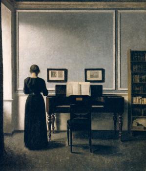 Vilhelm Hammershoi : Interior With Piano and Woman in Black, Strandgade 30